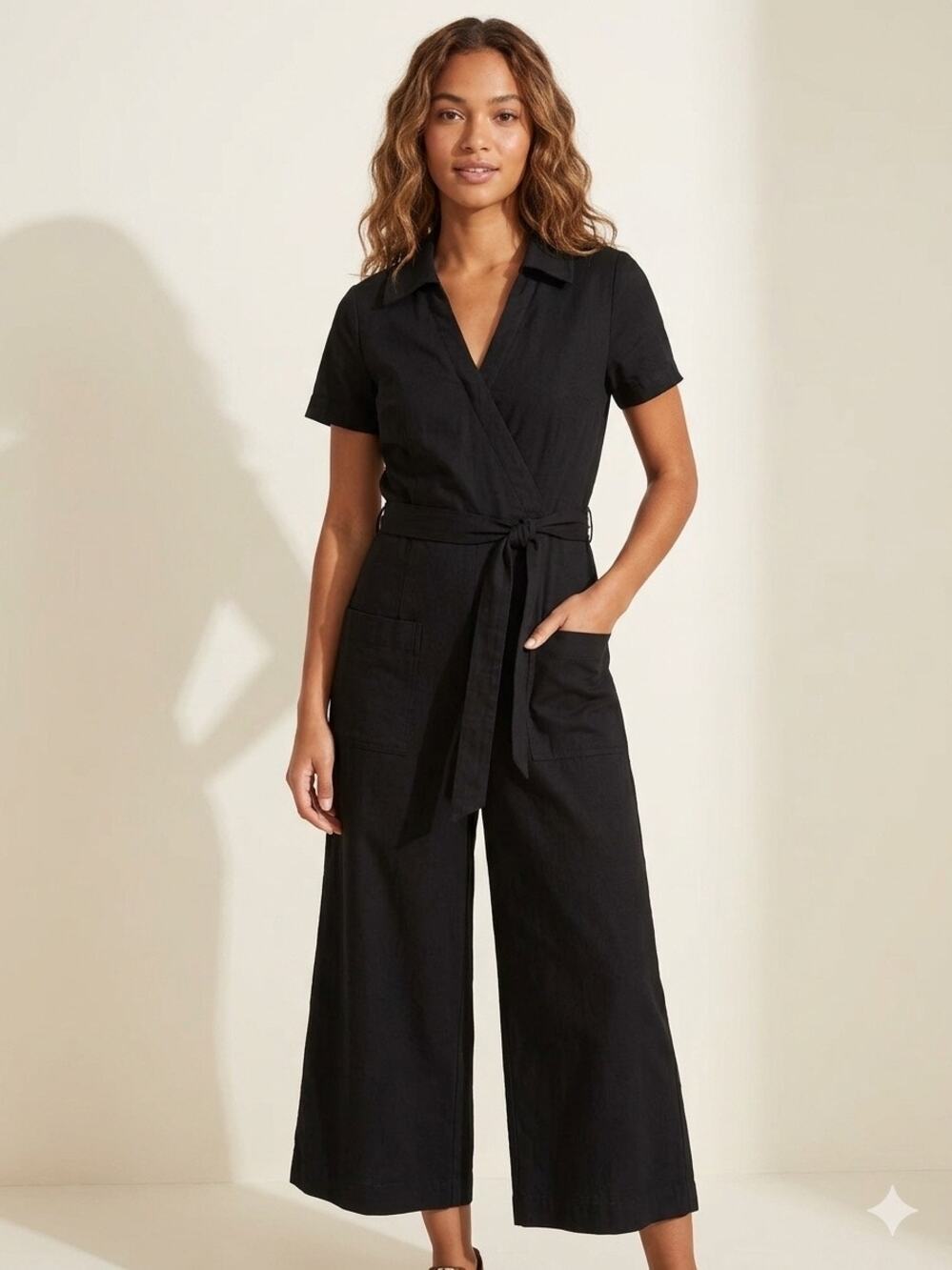 Anthropologie Maeve Colette Wrap Jumpsuit Black Wide Leg Culotte Tie Belt Sz 14